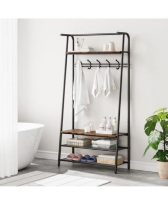 Coat Rack Shoe Bench, 4-in-1 Hall Trees Entryway Bench with Coat Rack and Shoe Rack, Wood Look Accent Furniture with Steel Frame Storage Shelf and Hanging Bar, Industrial