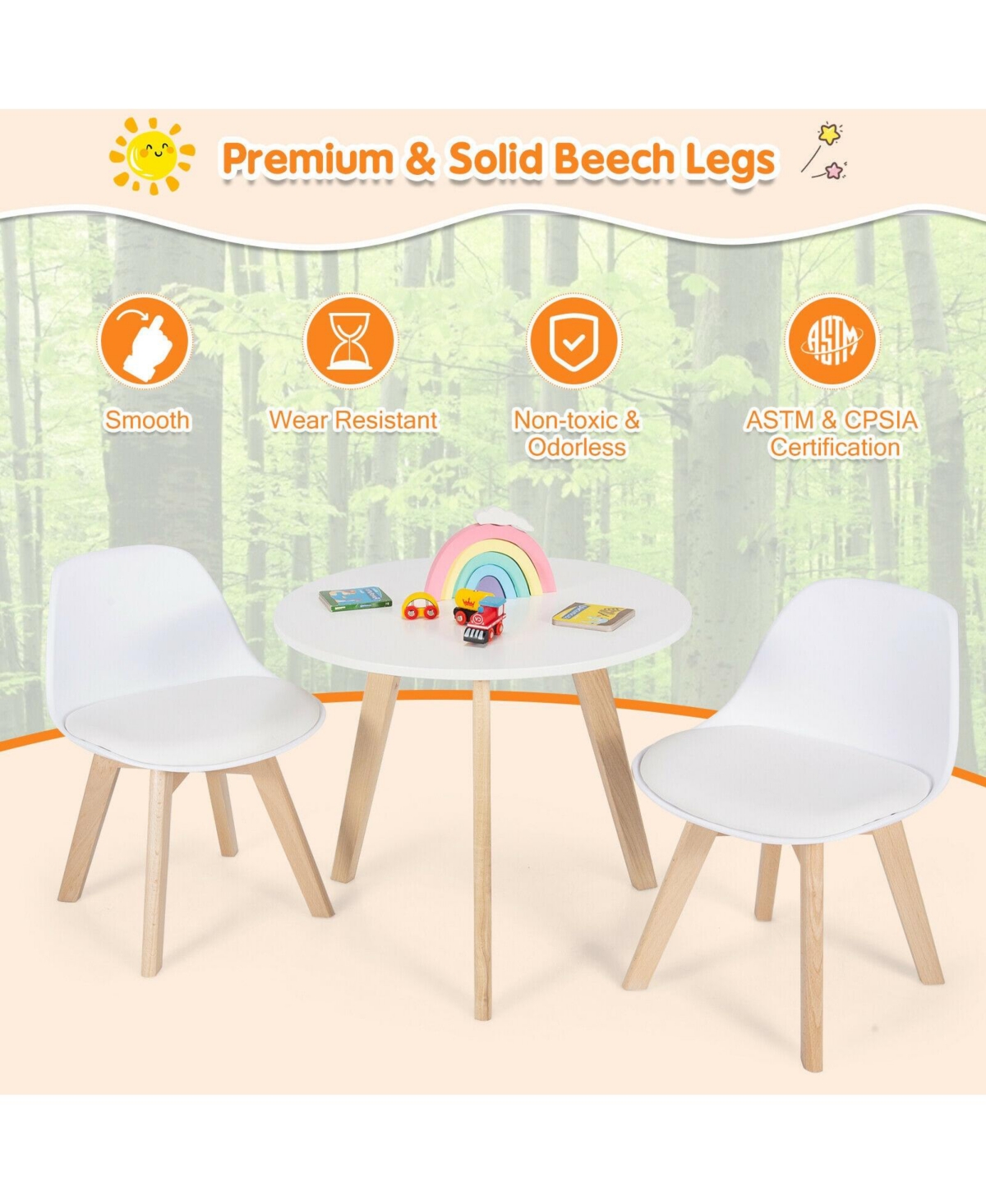 Gouun Modern Kids Activity Play Table and 2 Chairs Set with Beech Leg Cushion