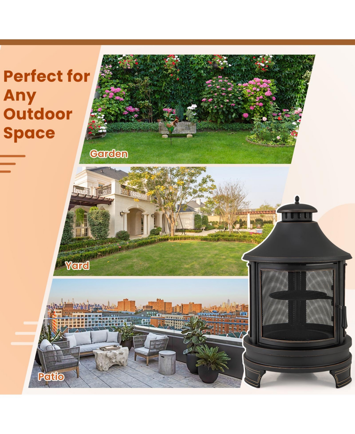 Gouun Outdoor Fire Pit Chiminea with Grill for Garden Bbq