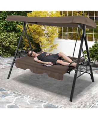 Convertible 3-Seat Patio Porch Swing Chair to Flat Bed with Adjustable Canopy