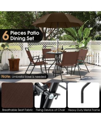6 Pieces Patio Dining Set Folding Chairs Glass Table Tilt Umbrella for Garden