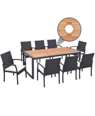 9 Pieces Patio Rattan Dining Set with Acacia Wood Table for Backyard Garden-L-shaped Handrail