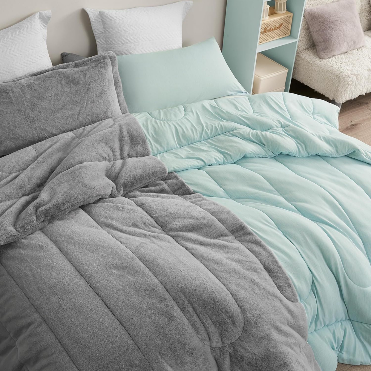 Coma Inducer Opposites Attract Oversized Comforter Set -+ Cooling Caribbean Green - Plush koala gray