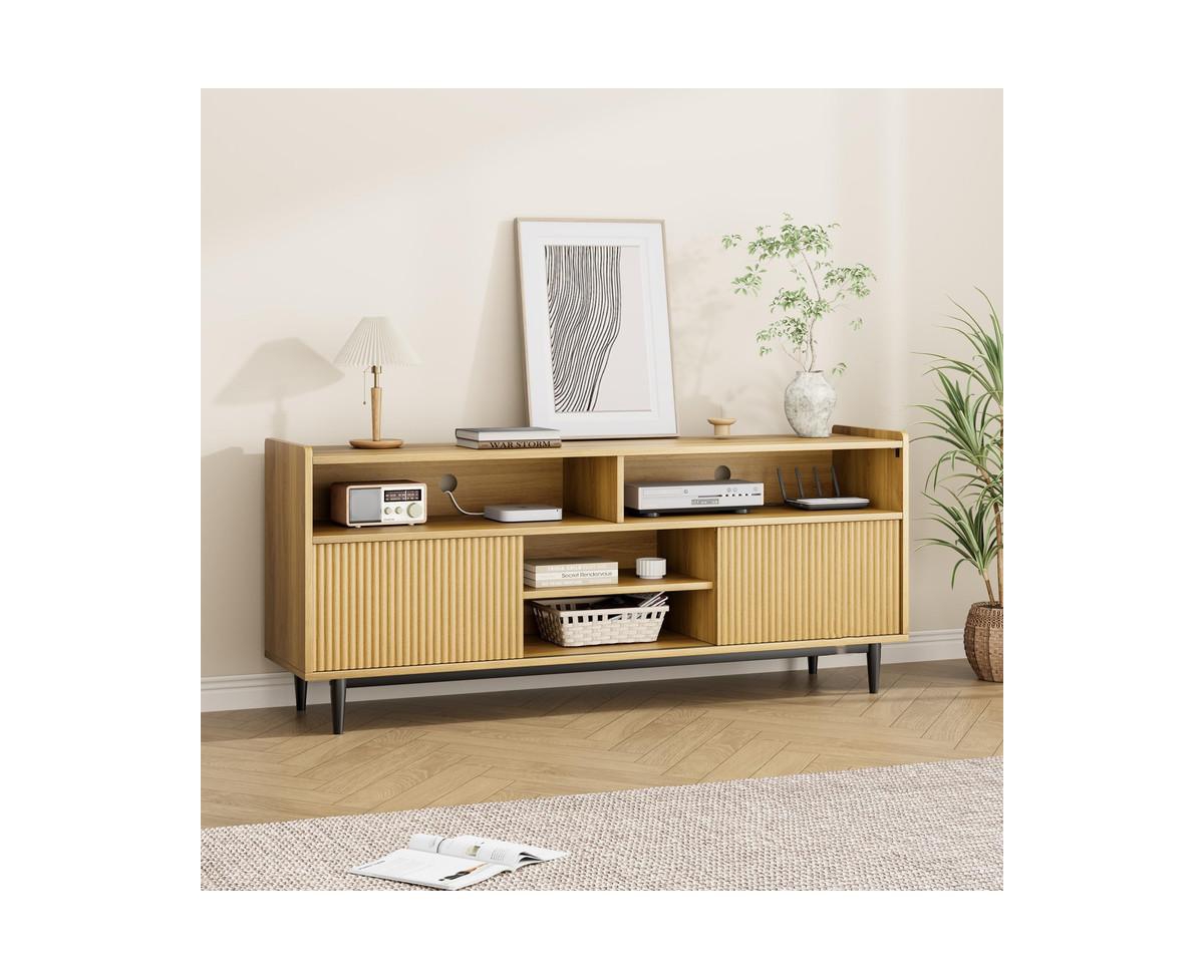 gaomon Fluted Tv Stand for 70 Inch, Boho Entertainment Center with Storage and Sliding Doors, Wooden Tv Cabinet with Adjustable Shelves, Under Tv Stan