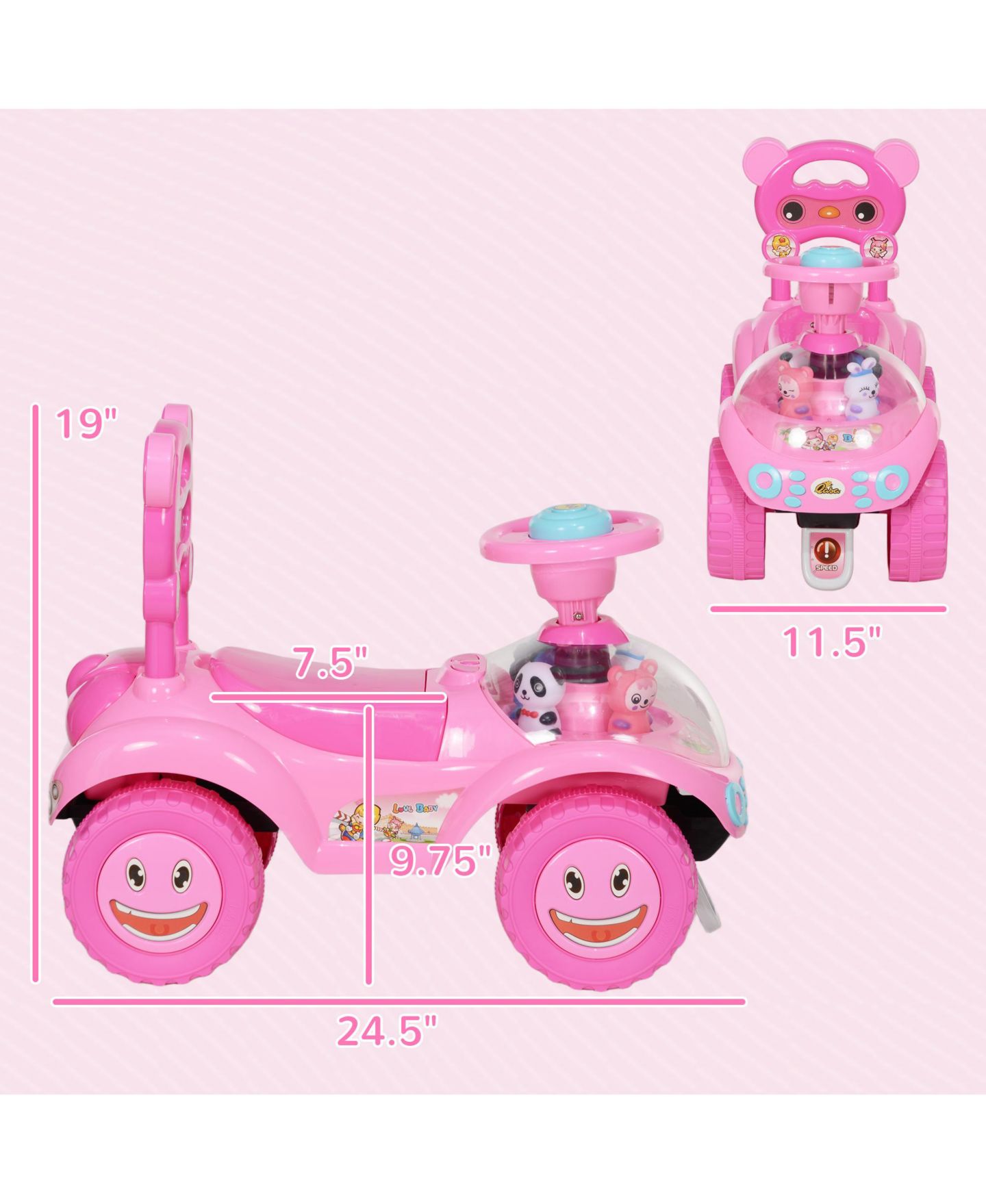 Детская игрушка Qaba Toddler Push Car with Foot-to-Floor Design, 24.4"L x 11.6"W x 19.1"H, 55 lb Capacity, Ages 18-36 Months, цвет: Розовый — фото 2