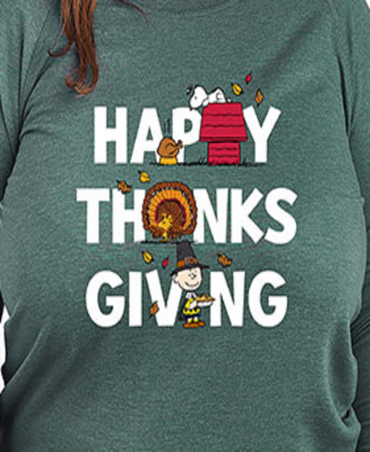 Hybrid Apparel Plus Size Peanuts Happy Thanksgiving Graphic Pullover Top In Green