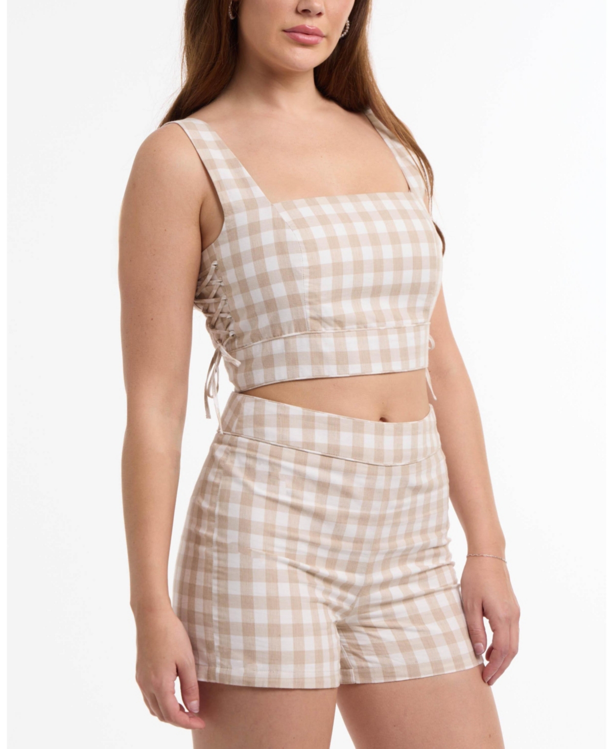 Bebe Women's Gingham Cropped Lace Up Detail Top - frappe
