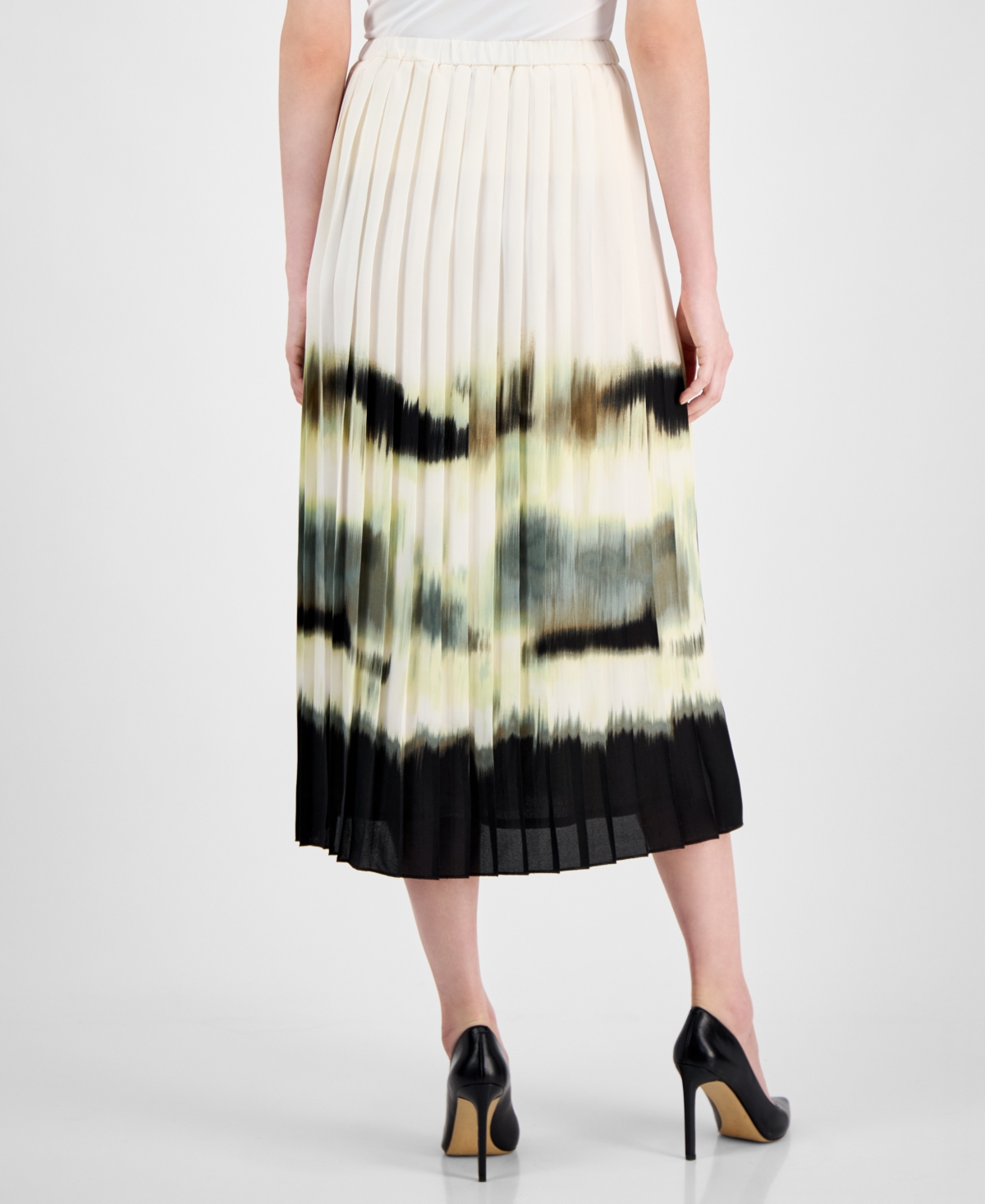 Shop Anne Klein Women's Pleated Pull-on Midi Skirt In White Dove Multi