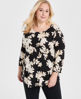 JM Collection - Plus Size Shadow Scoop-Neck 3/4-Sleeve Top