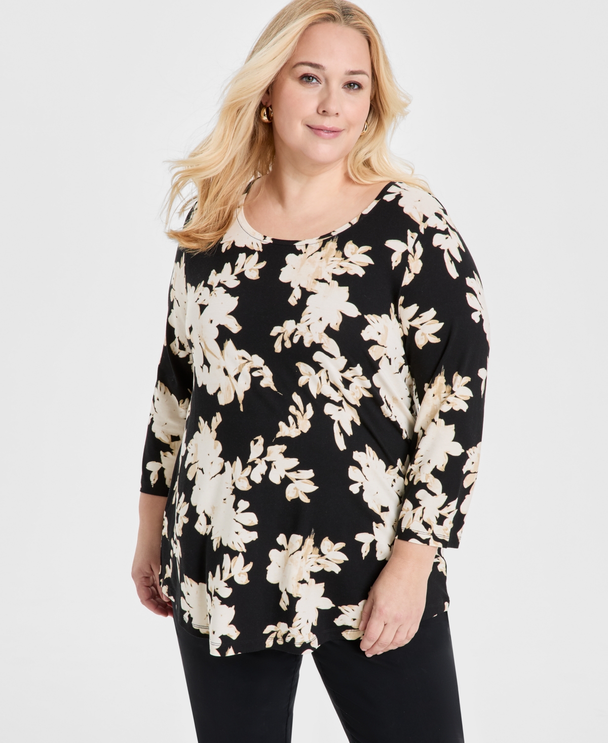 JM COLLECTION PLUS SIZE SCOOP-NECK 3/4-SLEEVE TOP, EXCLUSIVELY AT MACY'S 