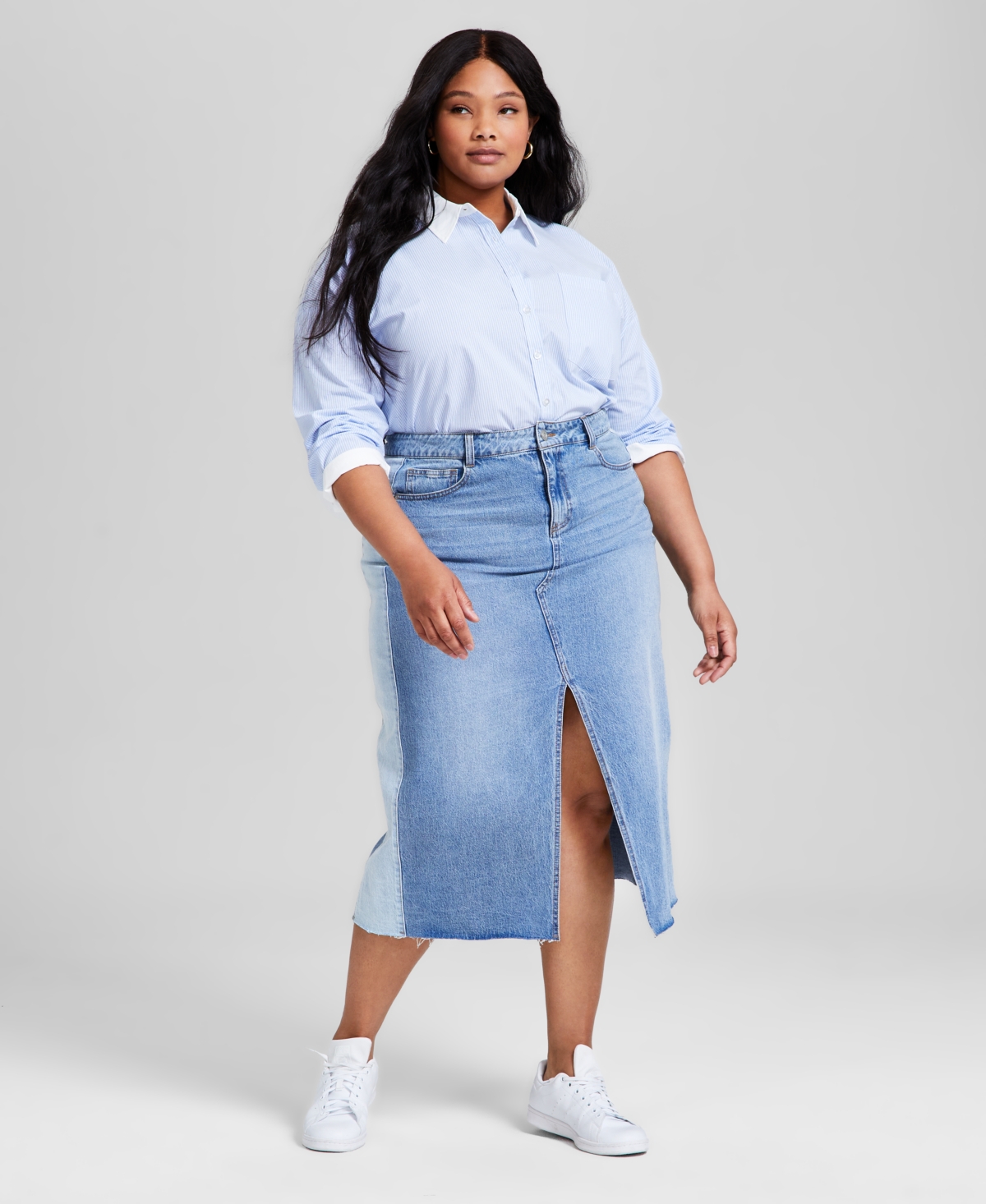 Plus Size Two-Toned Slit-Front Cut-Hem Denim Skirt, Exclusively at Macy's - Alonzo Wash