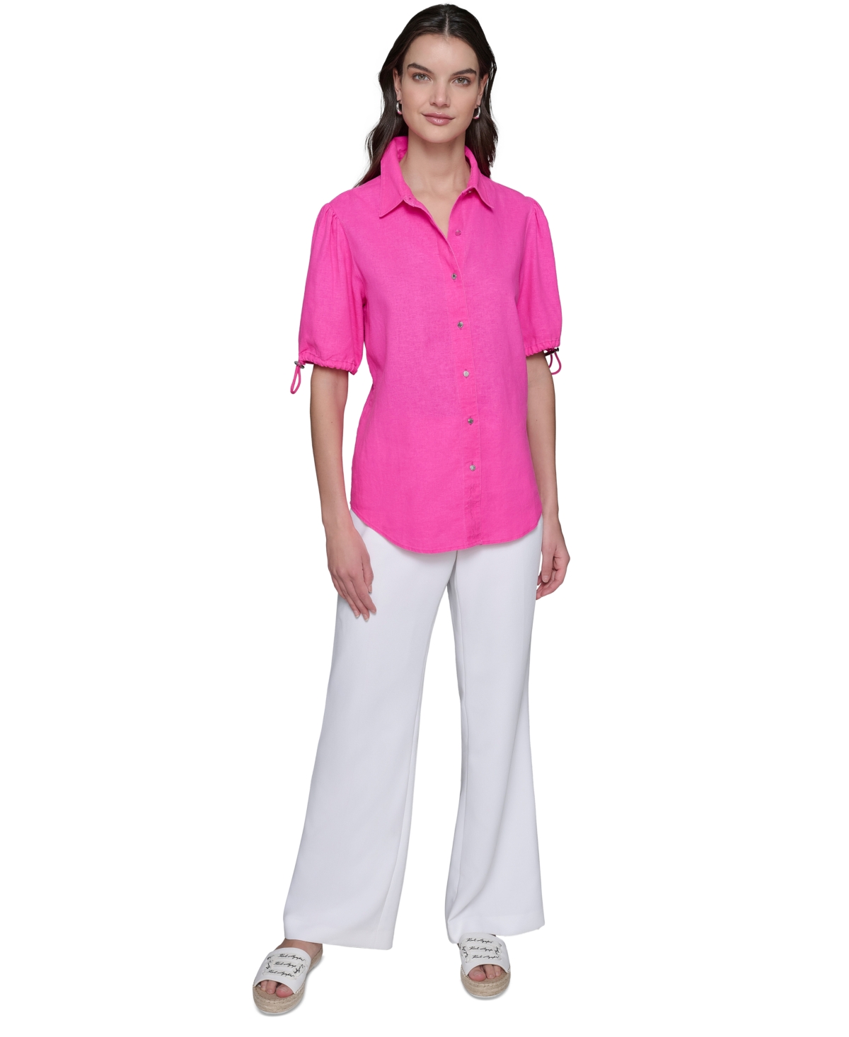 KARL LAGERFELD WOMEN'S LINEN-BLEND BUNGEE-SLEEVE BUTTON-FRONT TOP, REGULAR & PETITE 