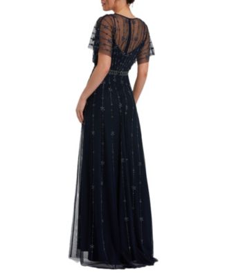 Women's V Neck Embellished Flutter Sleeve A Line Gown
