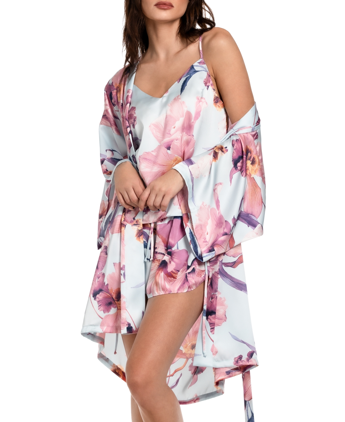 Midnight Bakery Haven Print Satin Short Robe In Blue Floral