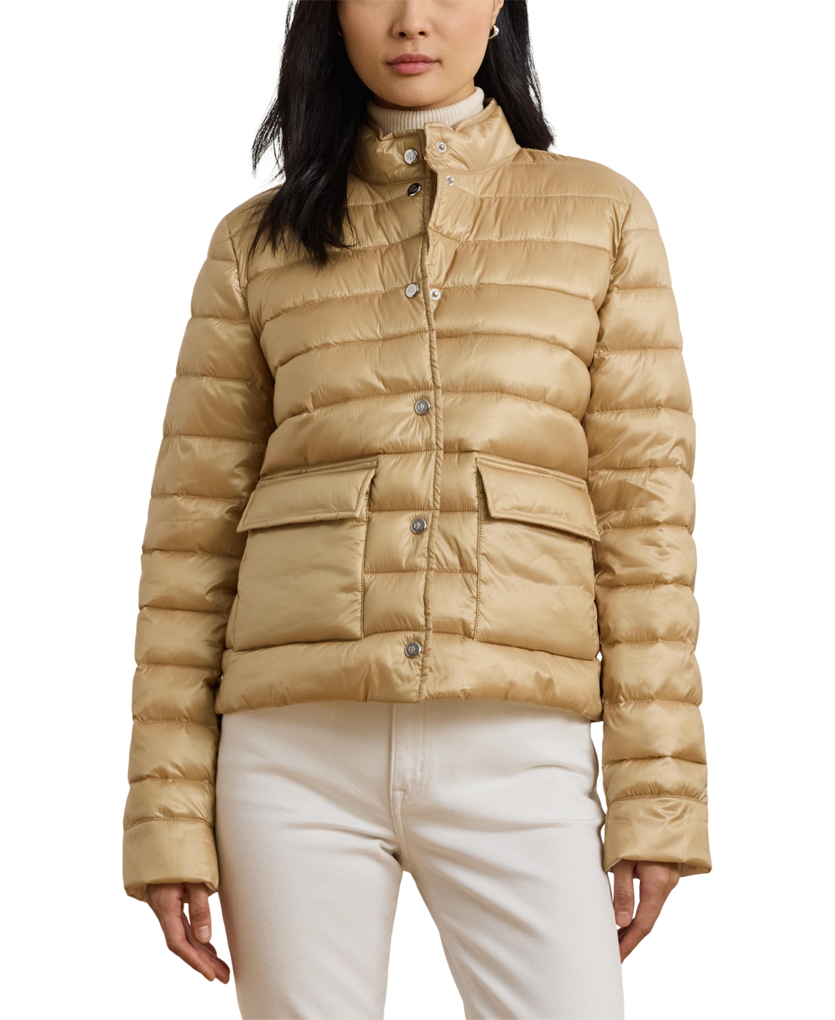 Shop Ralph Lauren Petite Snap-front Stand-collar Packable Coat In Sand Dune
