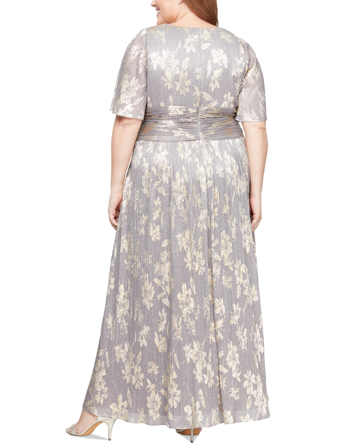Sl Fashions Plus Size V-Neck Metallic Fit & Flare Gown -gold