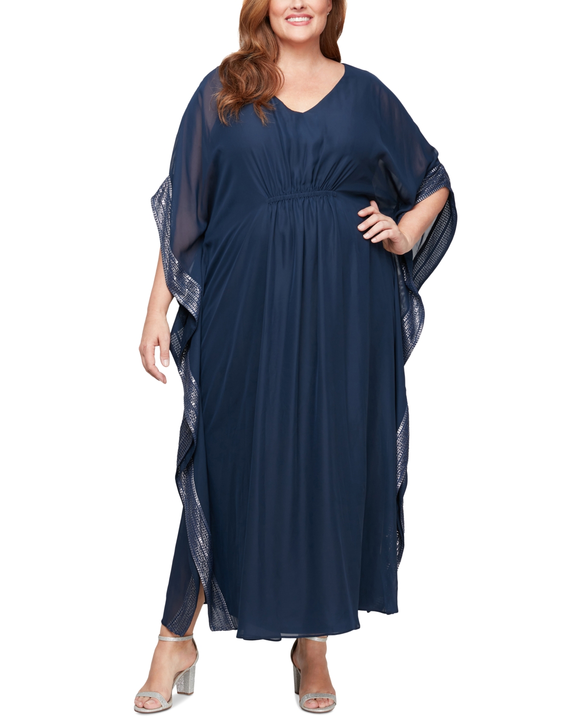 Plus Size V-Neck 3/4-Sleeve Flowy Gown - Navy