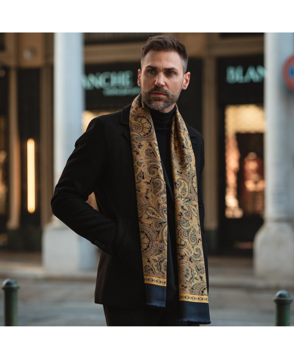 Elizabetta Men's Sorrento - Wool Backed Silk Scarf for Men - Gold and black