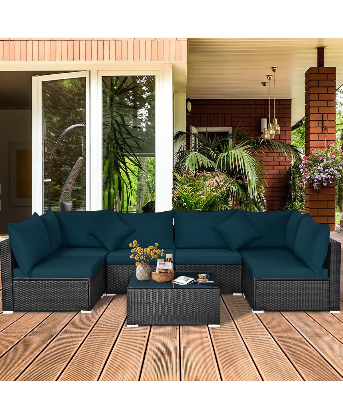 Gouun 7 Pieces Sectional Wicker Furniture Sofa Set with Tempered Glass Top-Peacock