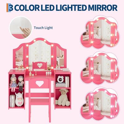 Kids Vanity Set, 2-in-1 Princess Makeup Table with Tri-Folding Mirror, Stool, Toddler Vanity, Pretend Play Vanity Set for Kids