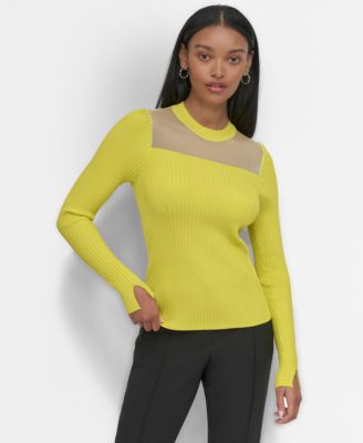 DKNY - Women's Ribbed Split-Cuff Sheer-Bib Sweater