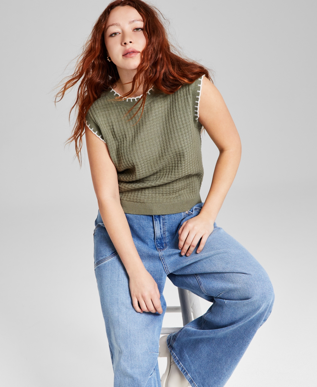 Women's Whip Stitch Crewneck Sweater Vest, Exclusively at Macy's - Olive