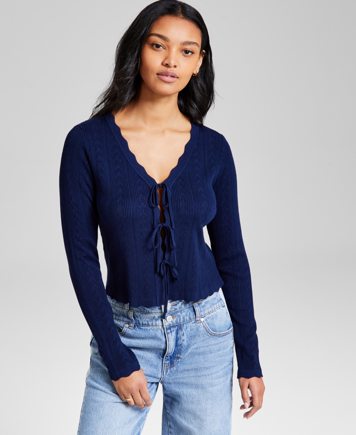 Women's Tie-Front Pointelle Cardigan, Exclusively at Macy's - Indigo Batik