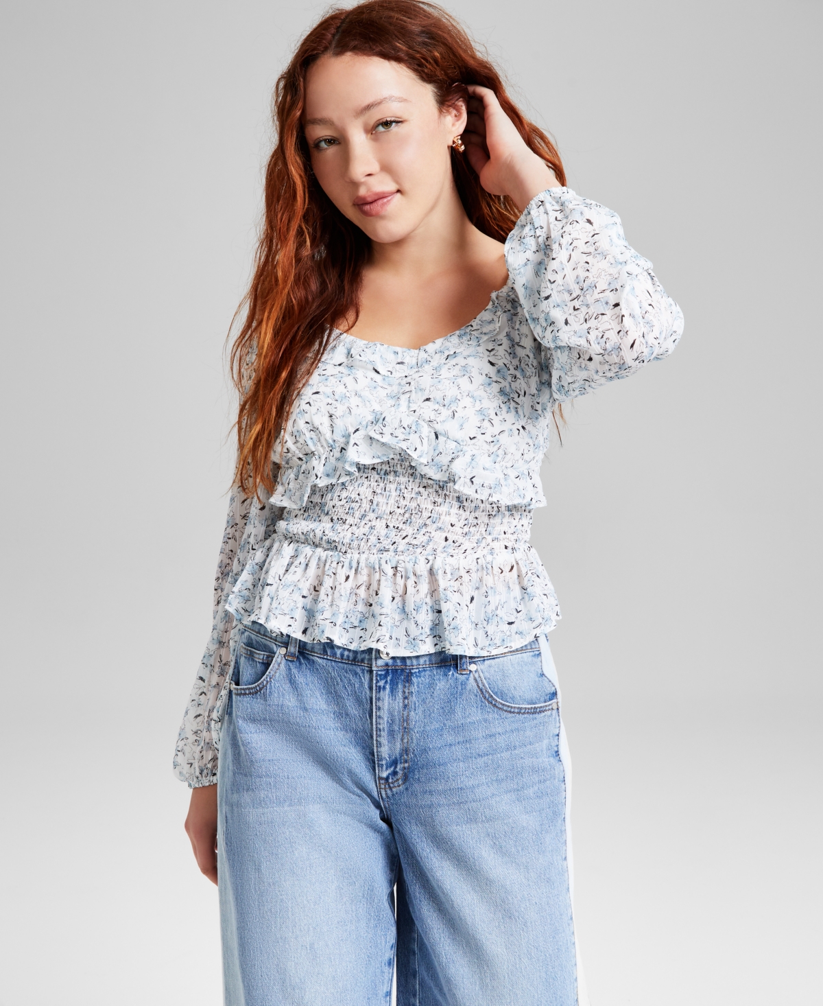Women's Printed Ruffle-Trim Smocked Top, Exclusively at Macy's - Light Blue Floral