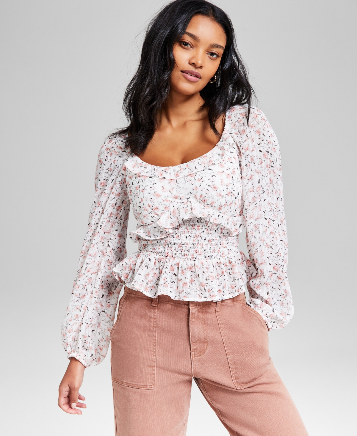 And Now This Women's Printed Ruffle-trim Smocked Top, Exclusively At Macy's In Pink Floral