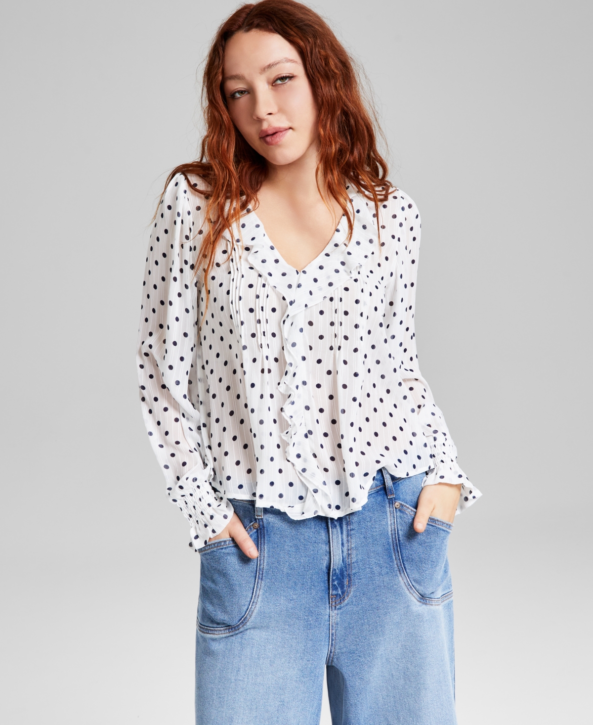 Women's Ruffle Front Long-Sleeve Blouse, Exclusively at Macy's - Crushed Oregano Dot