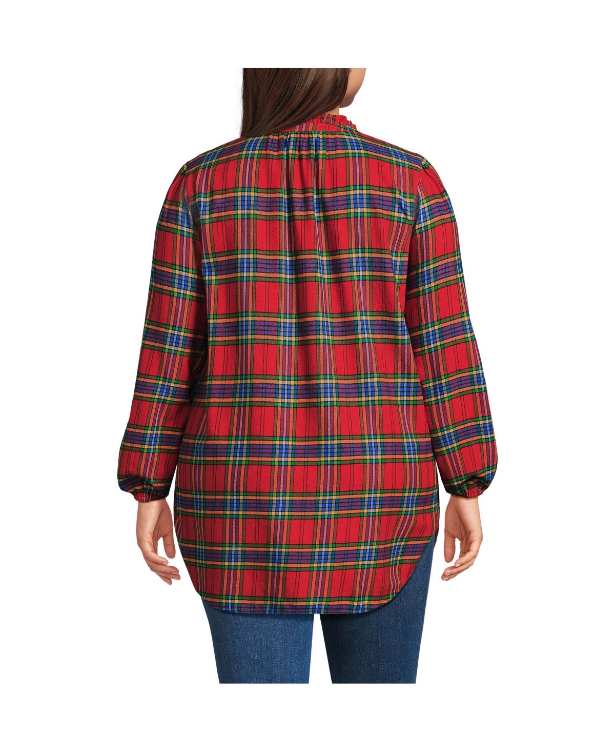 Lands' End Plus Size Brushed Flannel Ruffle Split Neck Tunic -nautical blue plaid