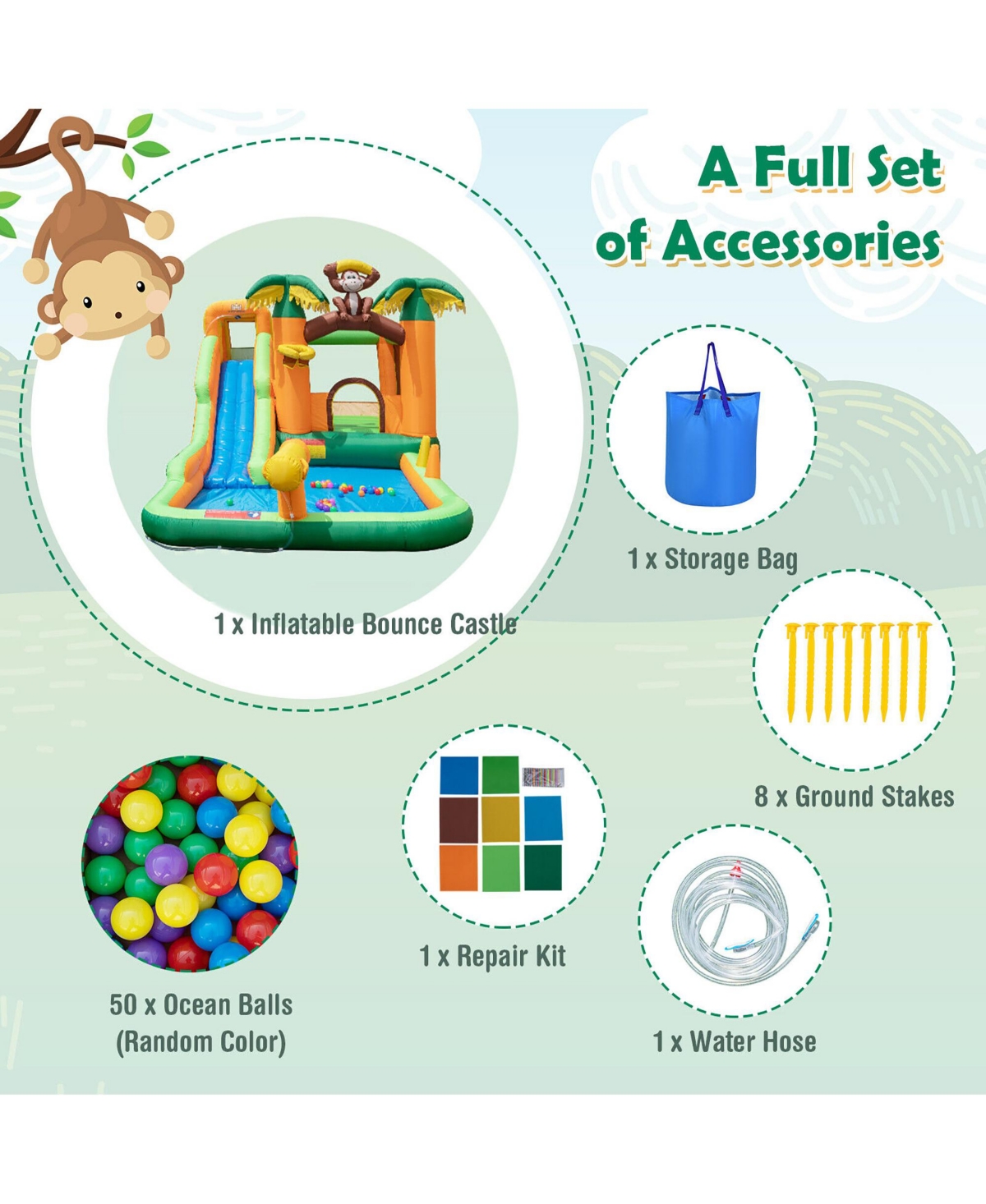 Gymax Inflatable Water Slide Park Monkey Bounce House Splash Pool without Blower - Multi-color