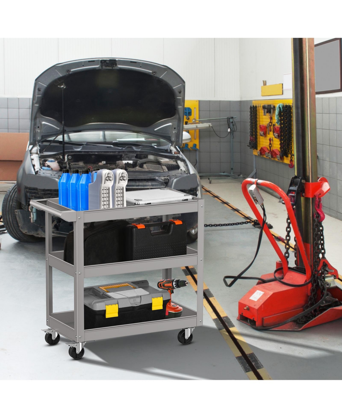 Gouun 3-Tier Metal Utility Cart Trolley Tool with Flat Handle and 2 Lockable Universal Wheels
