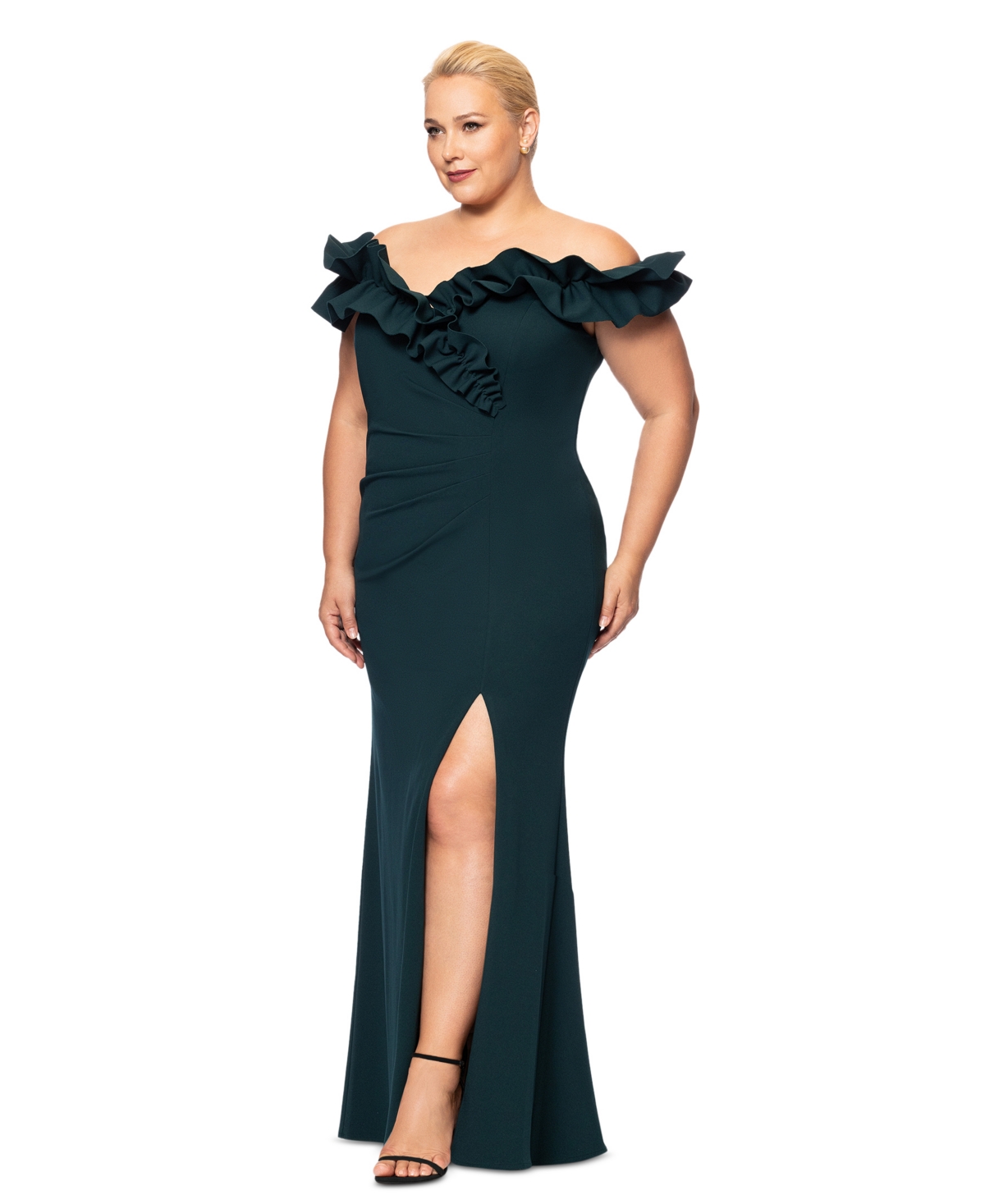 Xscape Plus Size Ruffled Off-the-shoulder Gown In Pine