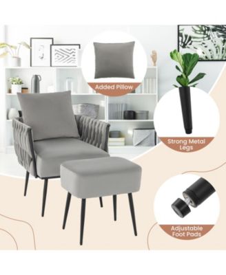 Modern Dutch Velvet Accent Chair and Ottoman Set with Weaved Back and Arms