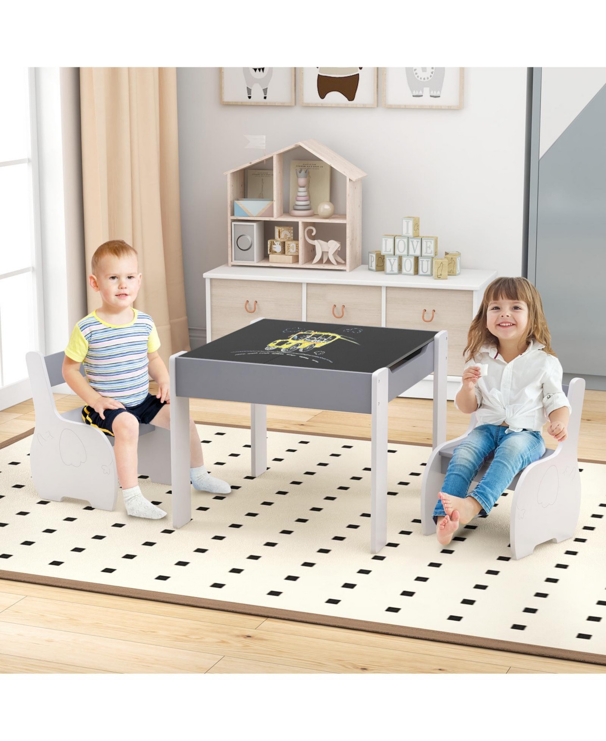 Gouun 4-in-1 Wooden Activity Kids Table and Chairs with Storage Detachable Blackboard