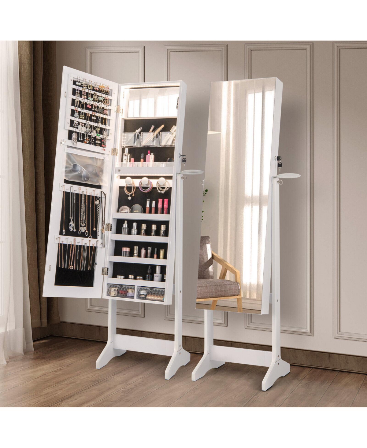 Gouun Freestanding Jewelry Cabinet with Full Length Hd Mirror