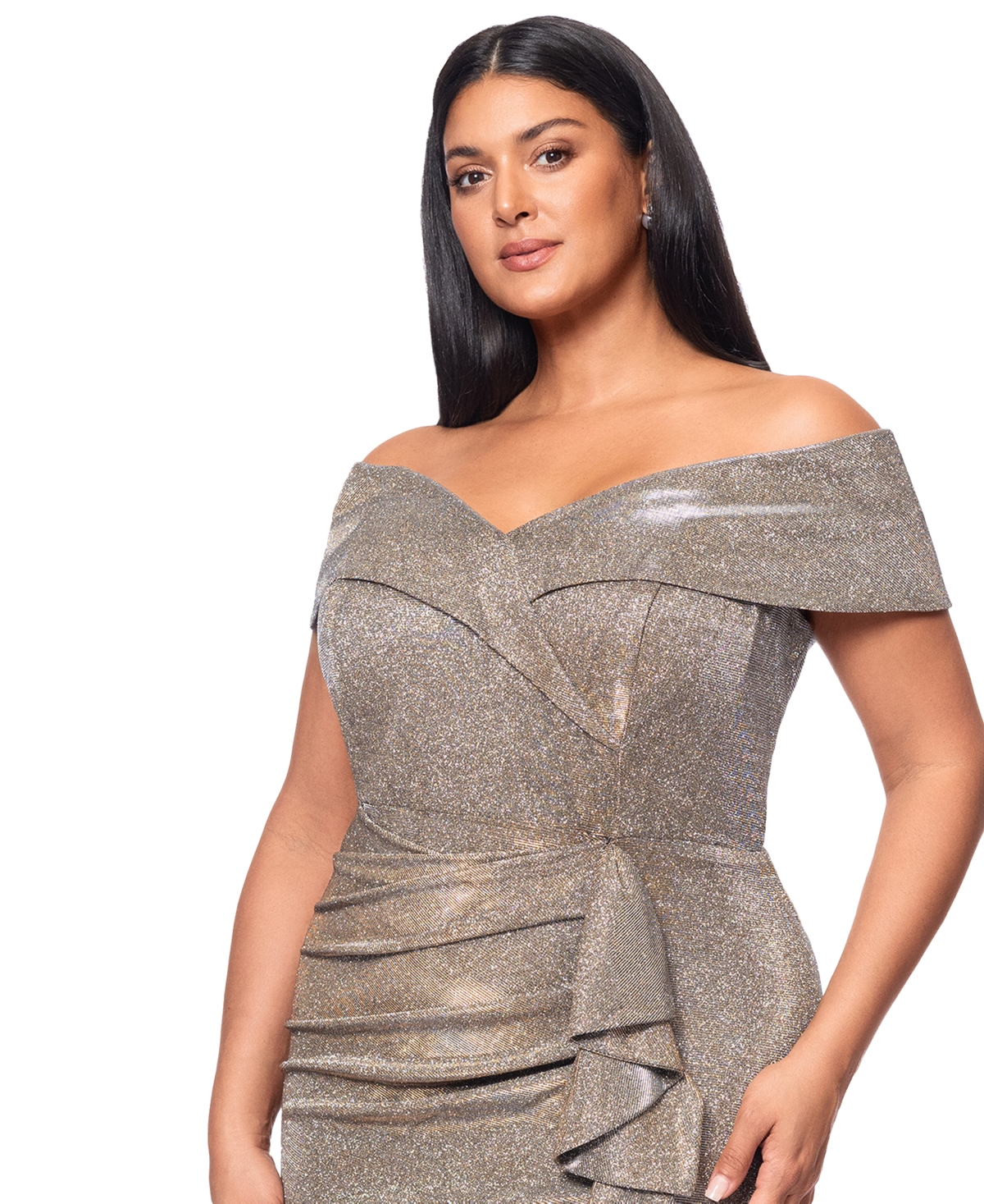 Xscape Plus Size Sweetheart-neck Off-the-shoulder Metallic Gown In Sand
