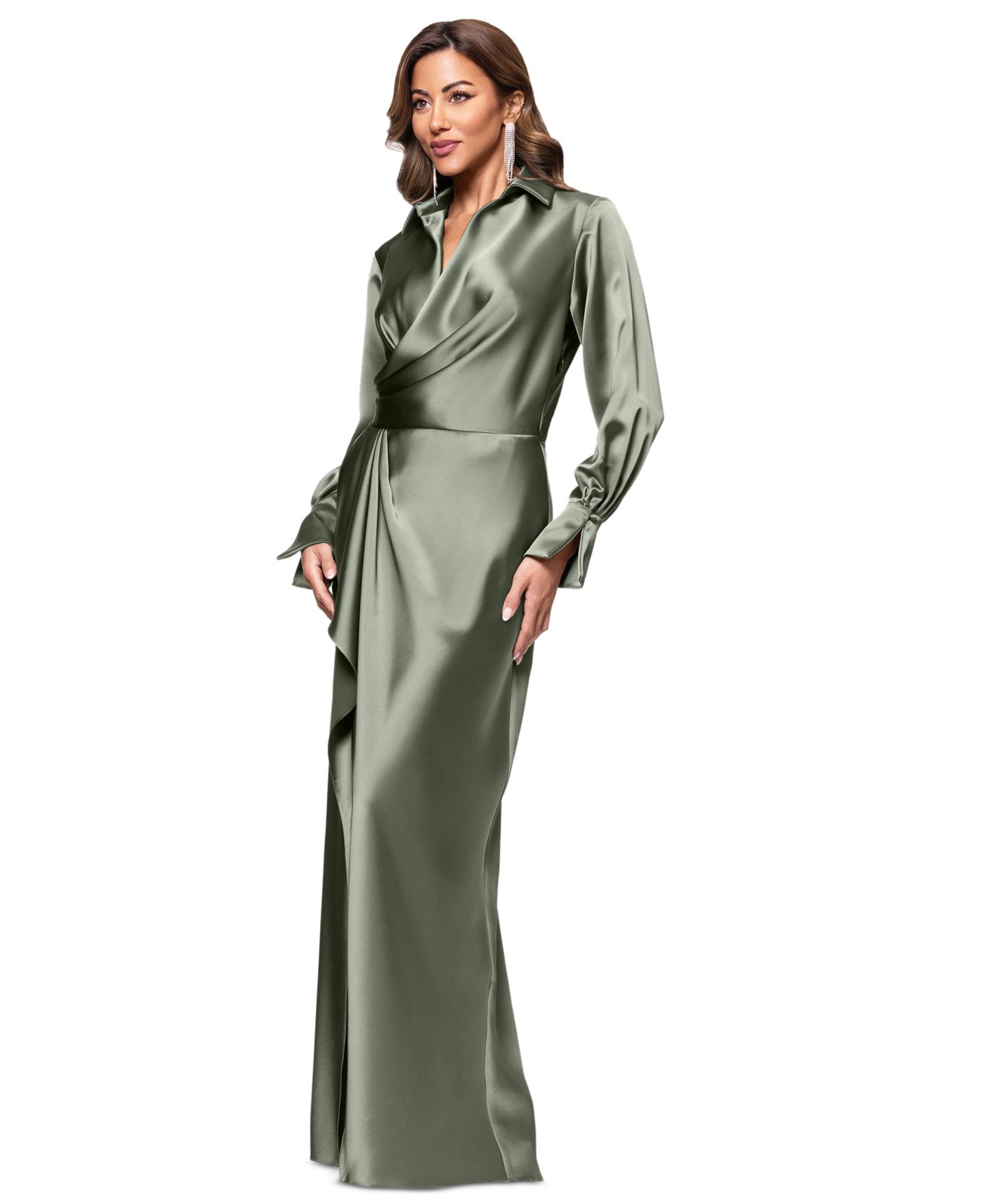 Женское платье XSCAPE Satin Shirtdress Gown, цвет: Оливковый — фото 4