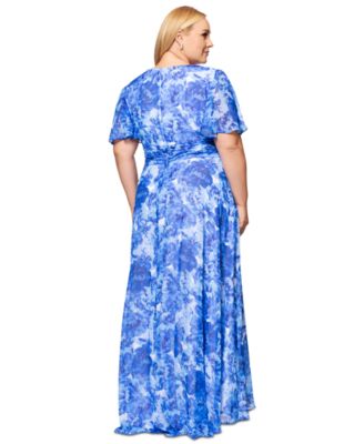 Plus Size V-Neck Printed-Metallic A-Line Gown