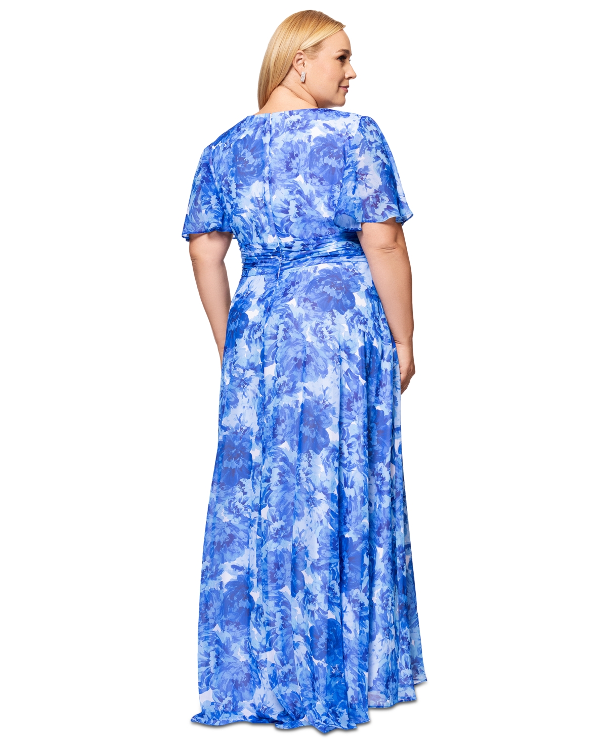 BETSY & ADAM PLUS SIZE V-NECK PRINTED-METALLIC A-LINE GOWN 