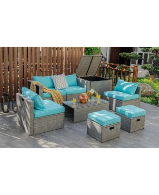 8 Pieces Patio Rattan Furniture Set with Storage Waterproof Cover and Cushion