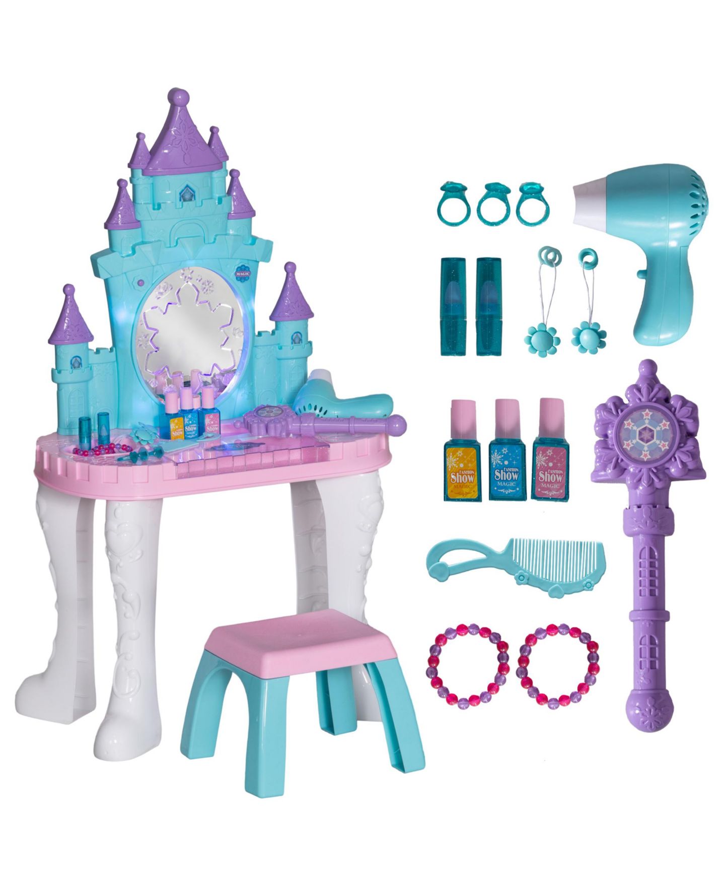 Детские игрушки Qaba Kids Vanity Set with Mirror and Stool, Light, Music, Castle Design, цвет: Разноцветный — фото 1