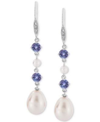Tanzanite (1 ct. t.w.), Cultured Freshwater Pearl (3mm, 10x7mm) & Diamond Accent Linear Drop Earrings in Sterling Silver