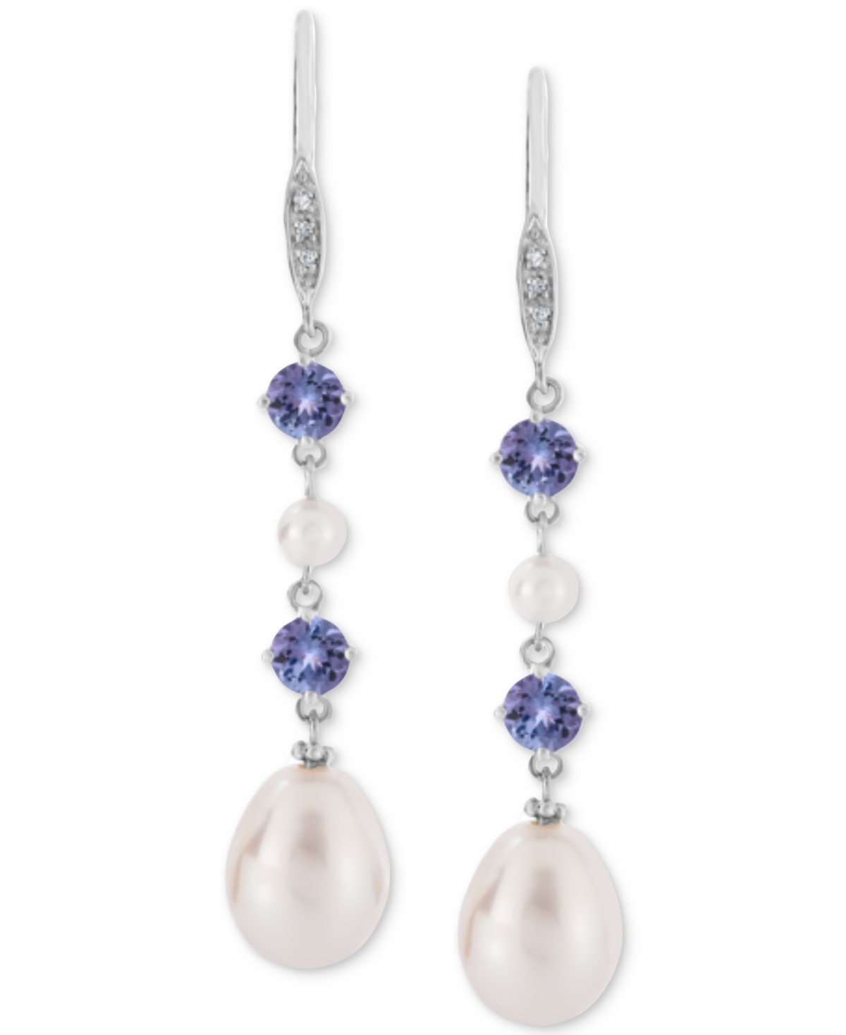 Macy's Tanzanite (1 Ct. T.w.), Cultured Freshwater Pearl (3mm, 10x7mm) & Diamond Accent Linear Drop Earring In Blue