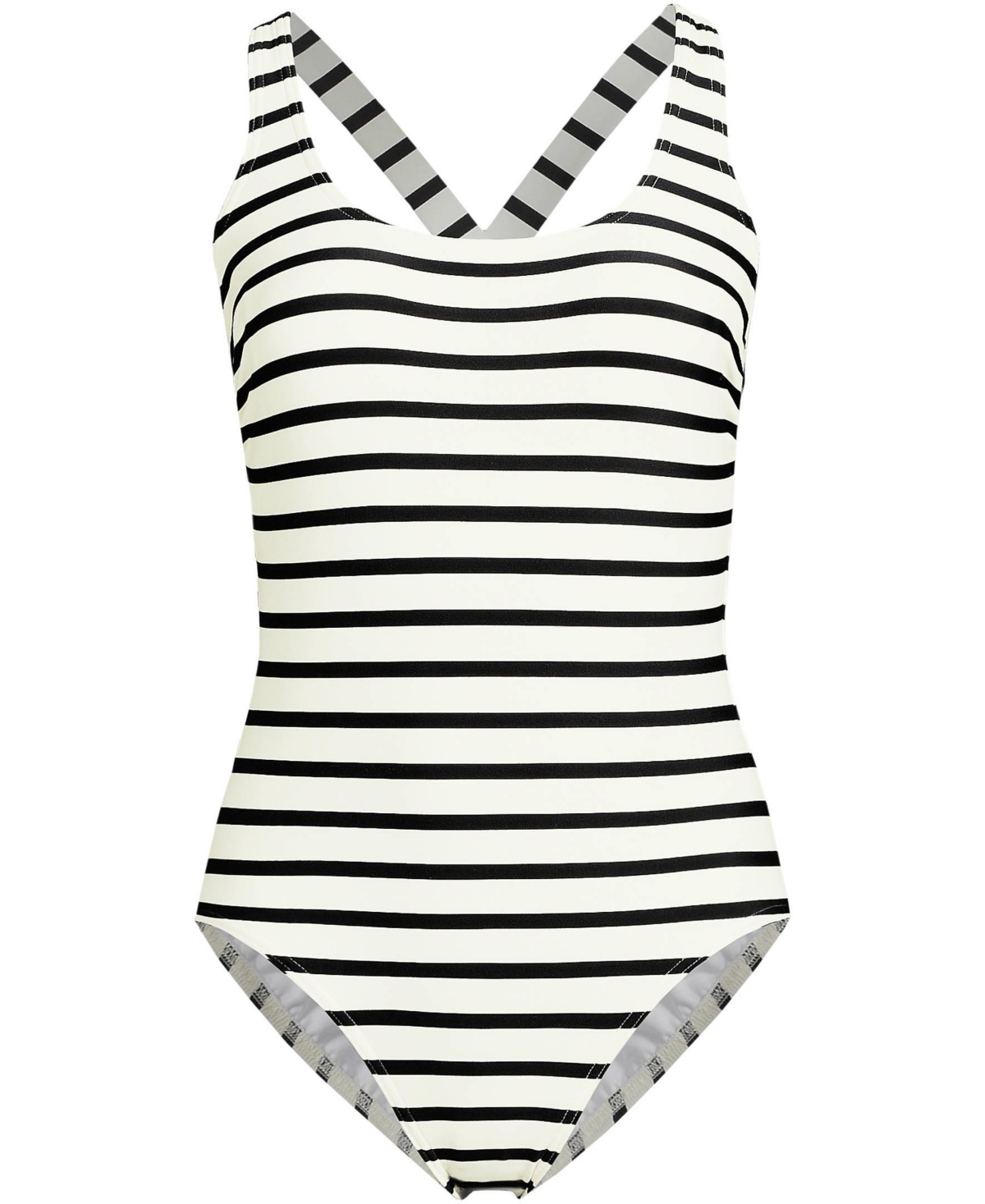Lands' End Women's Long Torso Tugless X-Back One Piece Swimsuit -black stripe