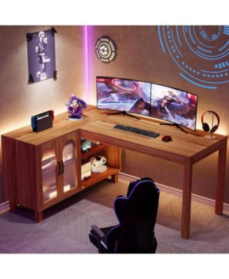 59-Inch L Shaped Computer Desk with Cabinet, Farmhouse Corner Desk with Storage Shelves, L Shaped Executive Desk, Long Writing Desk for Home Office, Gaming