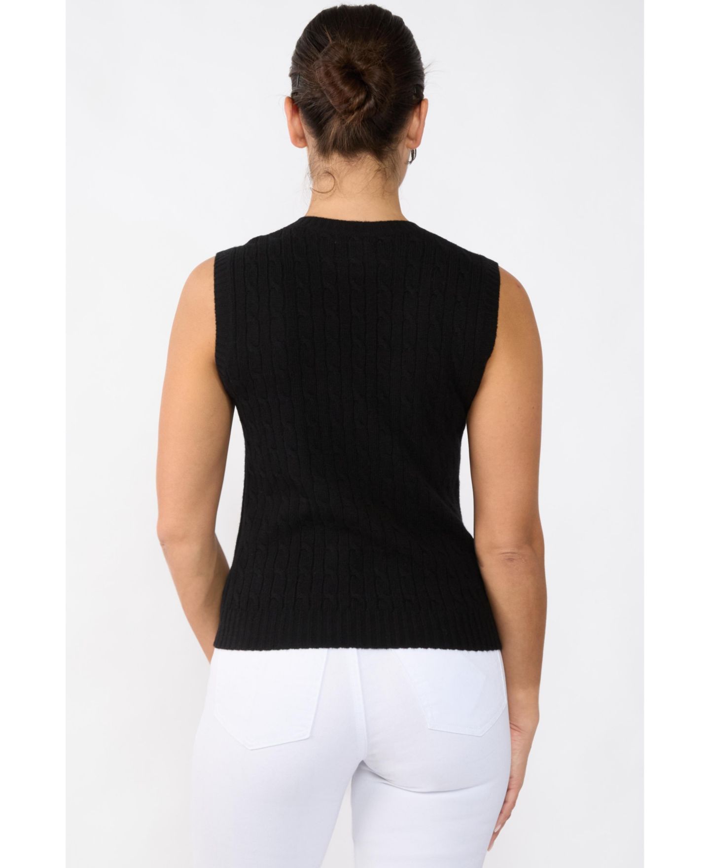 Женский жилет JENNIE LIU 100% Cashmere V Neck Cable-knit Sweater Vest, цвет: Чёрный — фото 3