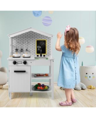 Kids Wooden Kitchen Play Set with Storage Shelves and Accessories
