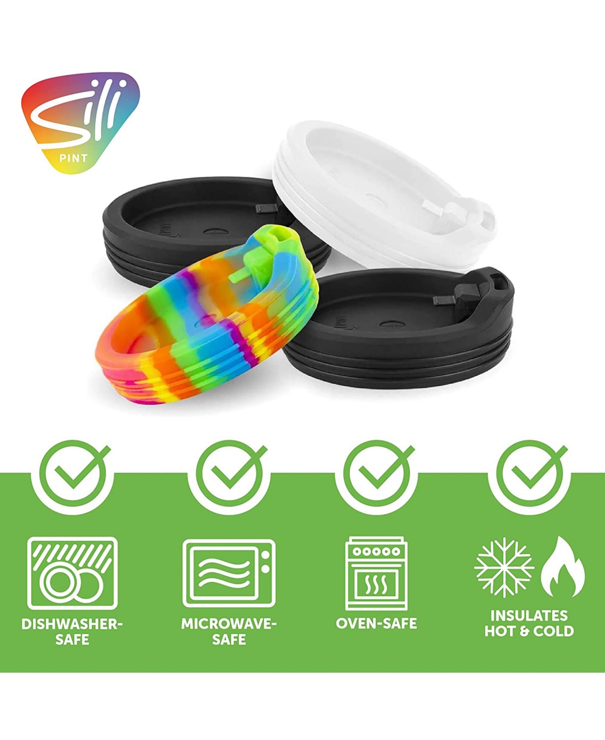 Silipint Lids pk: Kids Tumblers & Wine Glasses -Bouncy Black(2),Frosted White,Hippie Hops - Lid-pack